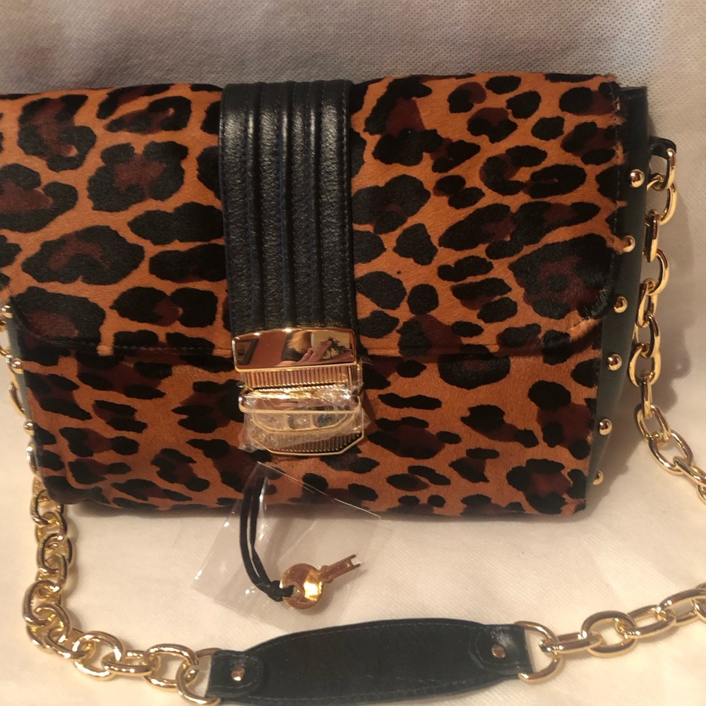 NWT Anna Pellisarri black studded leather and leopard pony hair shoulder bag